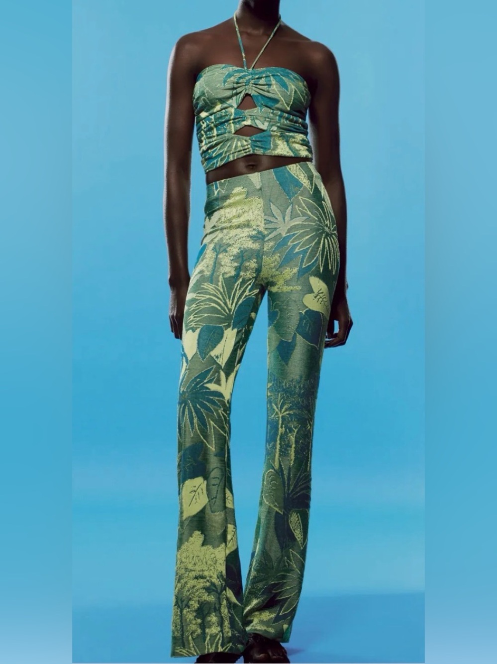 Zara Green Tropical Print High Waisted Pants and Matching Jacquard Top = Set